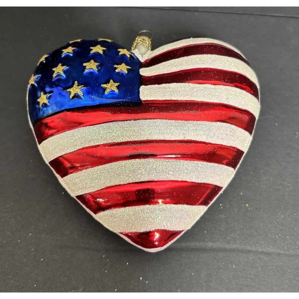 Christopher Radko American Heart Glass Christmas Ornament Glitter Patriotic Flag